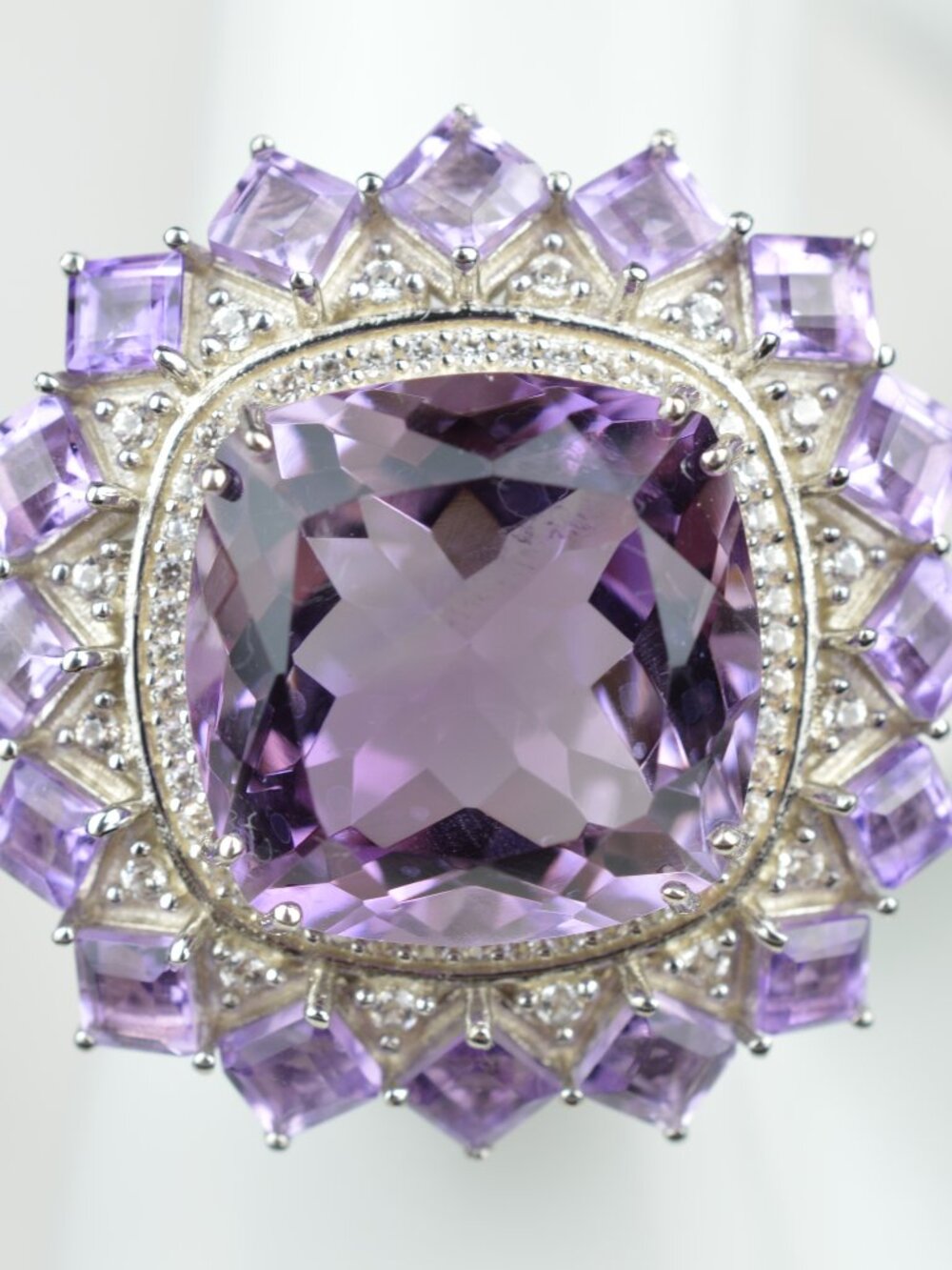 D'Joy Amethyst White Zircon Statement Cocktail Ring 925 Sterling Silver Size 8